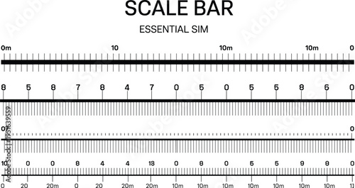 Detailed scale bar measurement ruler template with metric markings, engineering precision tool illustration, calibration guide for design, mapping, architecture, scientific visualization and drafting 