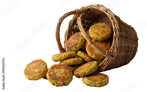 A rustic wicker basket overflowing with golden-brown, freshly fried falafel or patties, offering a delicious and authentic culinary presentation, close up, food photography