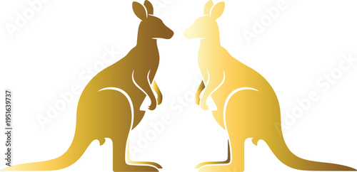 Golden gradient kangaroo and joey standing side by side in profile view