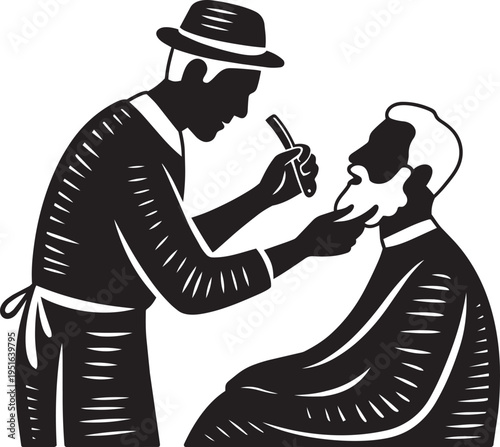 Silhouette barber trimming customer beard vintage illustration barbershop service old fashioned grooming hand razor haircut scene