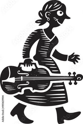 Smiling woman carrying large cello or double bass musical instrument illustration in black and white woodcut linocut art style