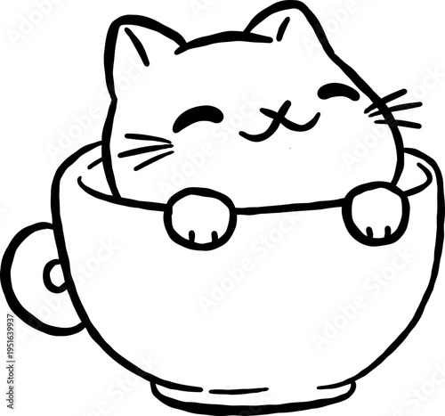 Cute Cat in Cup Outline