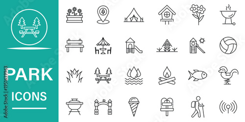 Park thin line icon collection. Perfect for kids, children, fun, recreation, playground, and family activities. Vector illustration.