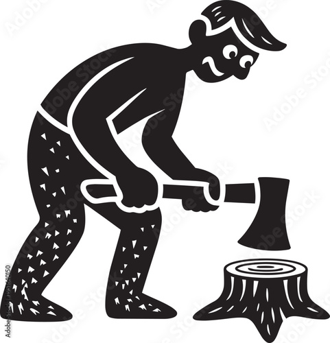 Strong woodcutter using heavy axe to chop old tree stump in linocut style silhouette isolated on transparent background art