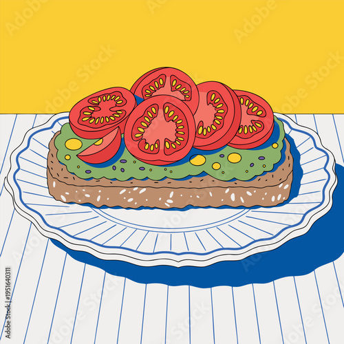  illustration of sliced avocado and fresh tomato on toasted bread, with leaves and herbs around, clean lines