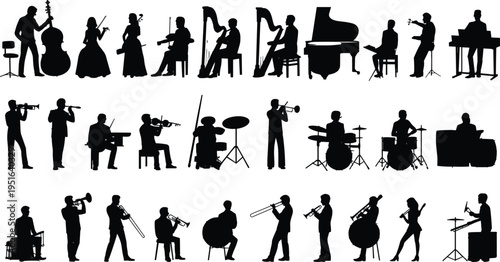 Silhouette collection of orchestra musicians playing classical and jazz instruments including violin piano drums trumpet and harp isolated on white background studio clipart