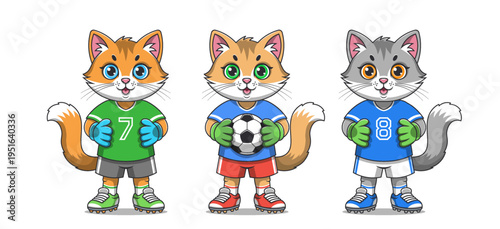 Vector set of cute, friendly cartoon kittens, soccer players and goalkeepers. Sports uniforms, gloves and football boots. Toon standing cats. Sticker collection. Ball. Feline gamers. Isolated