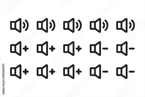 Volume speaker icon set with audio sound control symbols for media player and UI design