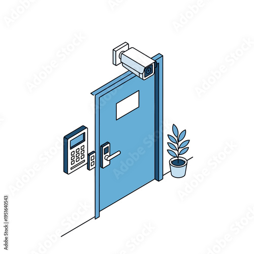 Isometric view of a blue door with security features, including a camera and keypad.