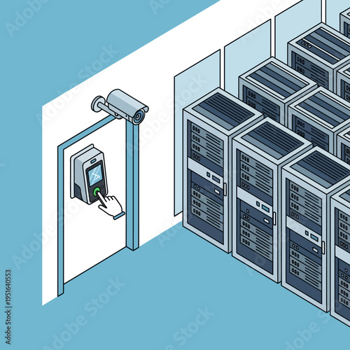 Isometric illustration of a data center access control system with security cameras.