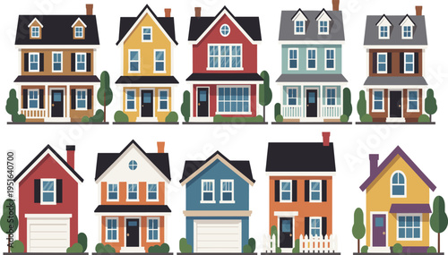 Collection of diverse flat houses in various colors and styles home building residential