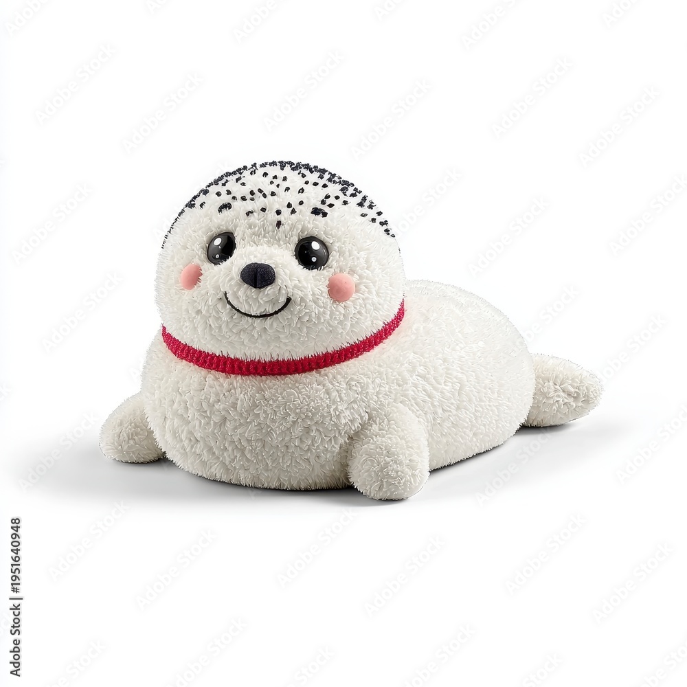 Fototapeta premium Adorable White Plush Seal Toy with Red Collar on White Background