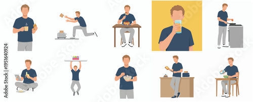 Flat Character Illustration of Man in Various Daily Activities and Mealtime