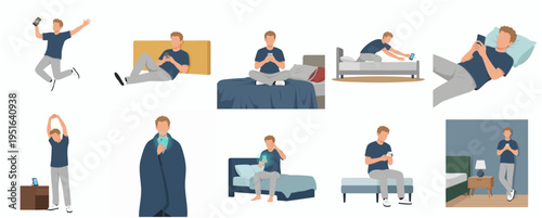 Flat Illustration of Man Using Mobile Phone in Various Daily Scene