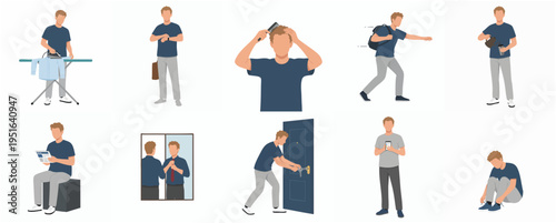 Flat Graphic Young Adult Man Doing Morning Routine Activity Illustration Set