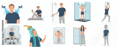 Flat Design Different Action of Man Taking Shower Illustration Set