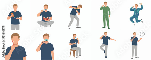 Flat Illustration of Man in Different Poses and Morning Routine Activity
