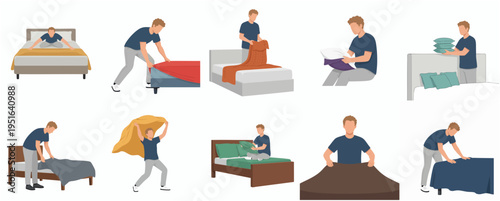 Flat Style Man Making Bed and Reading Book Illustration Set