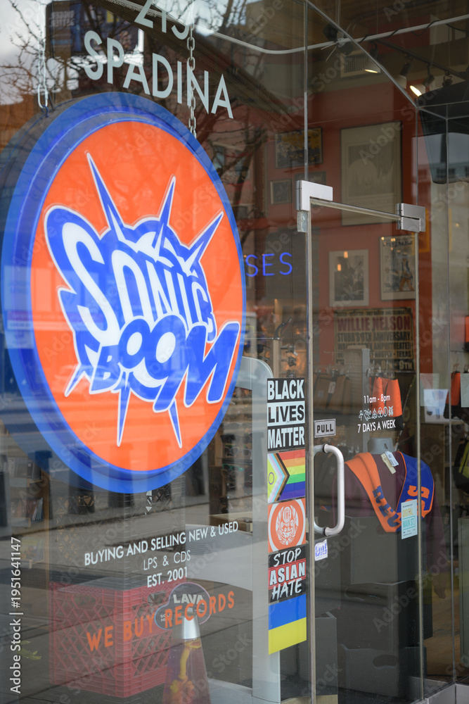 Naklejka premium sign and entrance to Sonic Boom, a record store, located at 215 Spadina Av, The Robertson Building, Toronto