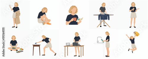 Flat Style Young Woman Character Doing Different Activities Illustration Set
