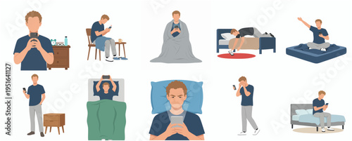 Flat Illustration Man Using Smartphone in Various Daily Activities Scene Set
