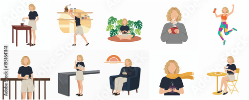 Minimalist Flat Illustration Woman Activity in Different Poses Character Lifestyle