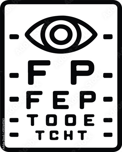 Eye Chart Icon Simple Vision Test Medical Graphic, Minimal line icon of an eye test chart with letters and eye symbol, representing vision exams, ophthalmology, and eye care diagnostics.