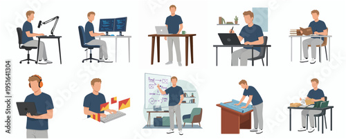 Flat Style Diverse Man Working at Desk from Home Office Illustration