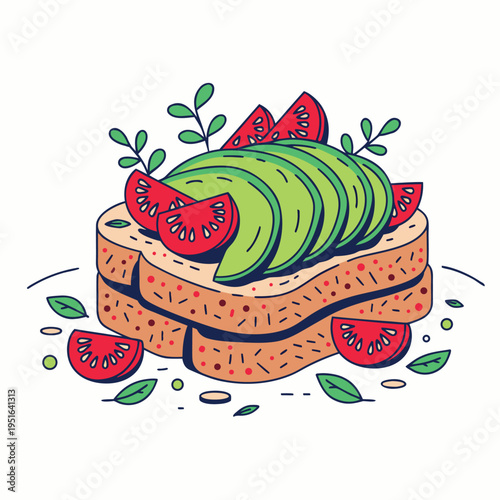  sliced avocado and fresh tomato on toasted bread, with leaves and herbs around, clean lines