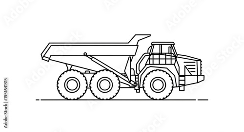 Line drawing of a large articulated dump truck, used for heavy construction and earthmoving.