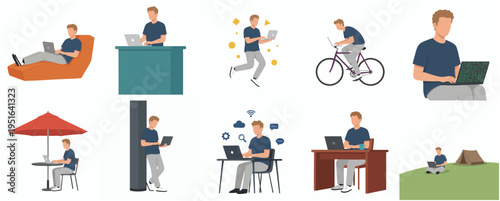 Flat Design Set of Man Character Using Laptop in Various Situations Illustration