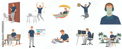 Minimalist Style Illustration of Man Working in Different Situations Set