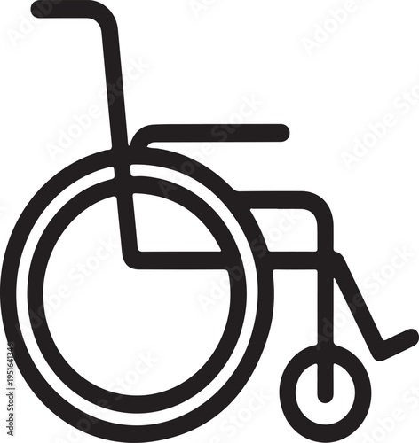 Wheelchair Icon Simple Disability Mobility Aid Graphic, Minimal line icon of a wheelchair representing disability access, mobility assistance, healthcare support, and inclusive design in a clean moder