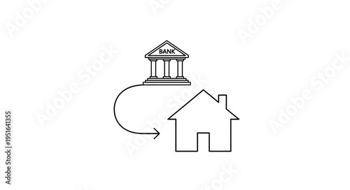 Illustration depicting a bank transferring funds to a residential house for mortgage purposes.