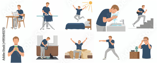 Flat Style Man's Daily Routine and Activities Illustration Set Design