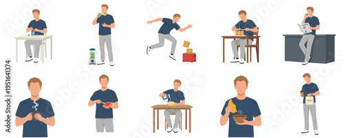 Flat Illustration Set of Man Eating Different Food Activity Lifestyle
