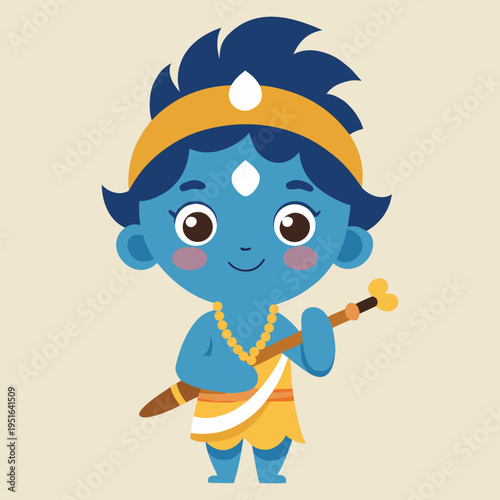 Cute Little Lord Krishna Vector Illustration with Flute.