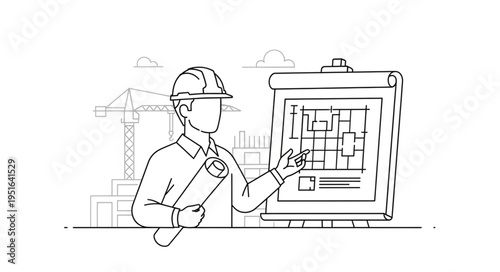 An architect in a hard hat reviews blueprints at a construction site.