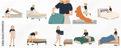 Flat Illustration Woman Making Bed and Preparing Room Collection