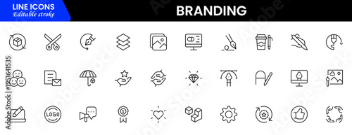 Branding icon set. Containing marketing, product, brand value, design, logo, brand development, social media, advertising and loyal customers icons