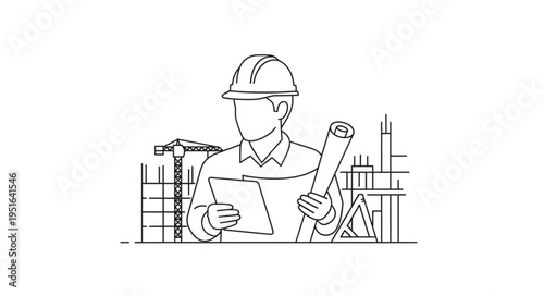 An illustration of a construction worker wearing a hard hat, holding blueprints and a tablet.