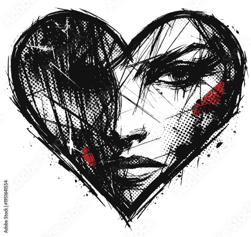 A heart shape containing a hidden face formed by chaotic sketch lines. The subtle red accent enhances the emotional impact.
