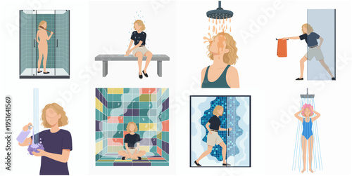 Minimalist Flat Illustration Showering People Lifestyle Concept Simple Character