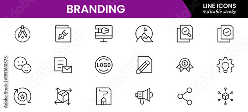 Branding icon set. Containing marketing, product, brand value, design, logo, brand development, social media, advertising and loyal customers icons