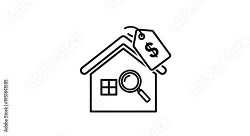 An outline drawing of a house with a magnifying glass and a price tag.