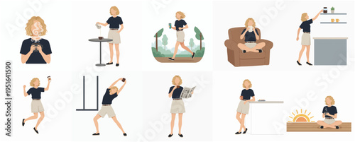 Minimalist Flat Style Blonde Woman Daily Activities and Morning Routines Illustration