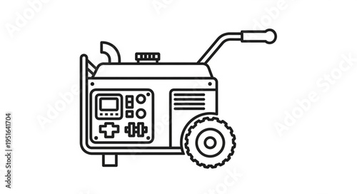 Line drawing of a portable generator with a handle, wheels, and control panel, for providing electricity.