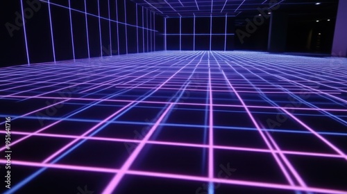 Futuristic gridded space with vibrant neon lines