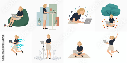 Modern Flat Design Woman Working with Laptop in Various Poses Illustration