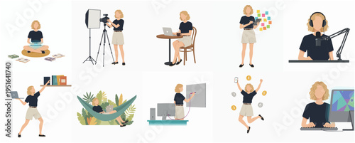 Minimalist Flat Design Set of Freelance Woman Character in Different Poses Illustration